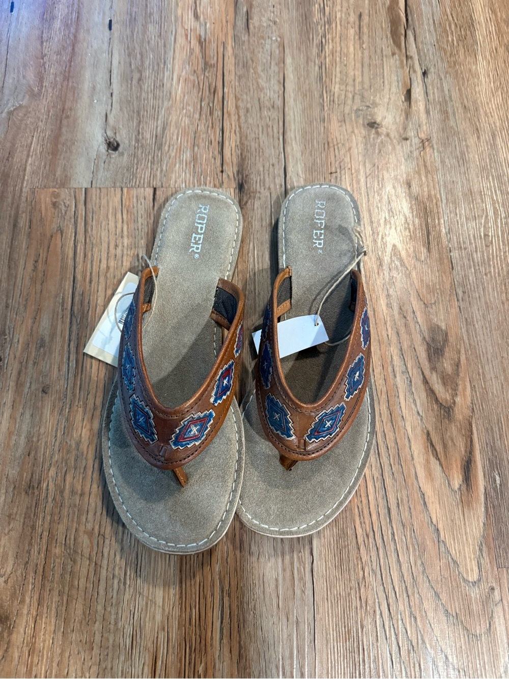 Roper Women's Brown Leather Thong Sandals with Blue Embroidered Accents